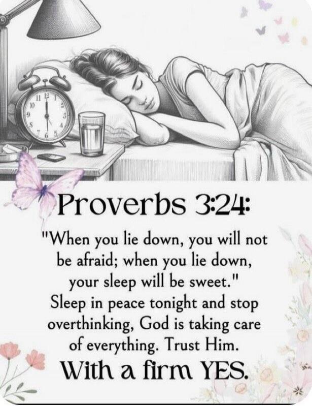Proverbs 3:24: 'When you lie down, you will not be afraid; when you lie down, your sleep will be sweet.' Sleep in peace tonight and stop overthinking, God is taking care of everything. Trust Him. With a firm YES.