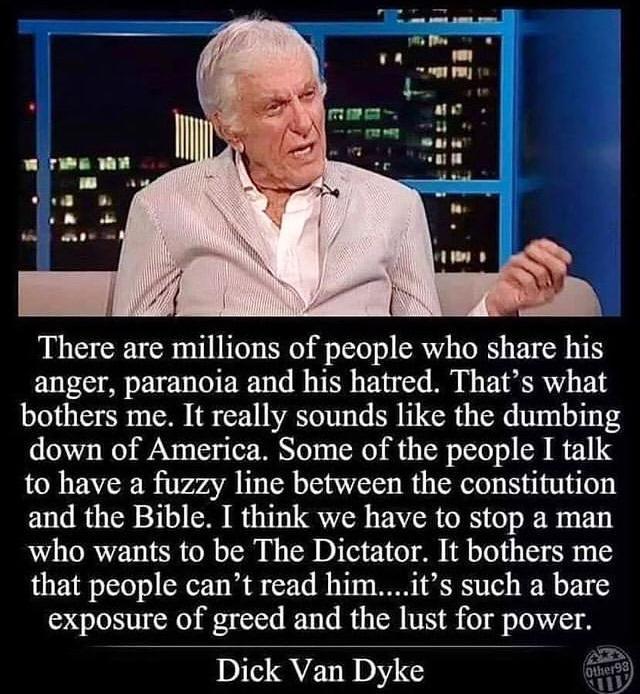 There are millions of people who share his anger paranoia and his hatred Thats what bothers me It really sounds like the dumbing down of America Some of the people I talk to have a fuzzy line between the constitution ELTORT TSN 23100 O 11 QU BT TN BB who wants to be The Dictator It bothers me that people cant read himits such a bare exposure of greed and the lust for power Dick Van Dyke