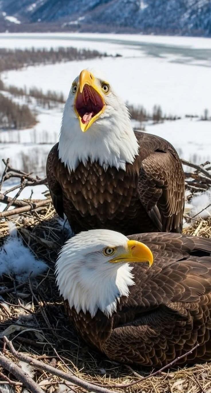 Two bald eagles perched in a nest in a snowy landscape; one eagle has its beak wide open.