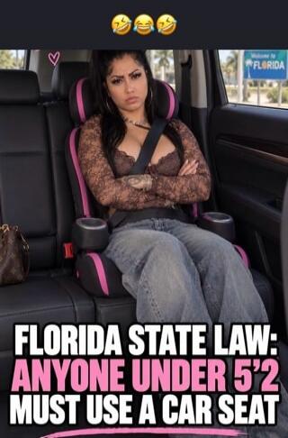Florida State Law: Anyone under 5'2 must use a car seat. Laughing emojis.