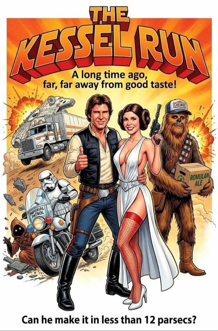THE KESSEL RUN\nA long time ago, far, far away from good taste!\nCan he make it in less than 12 parsecs?
