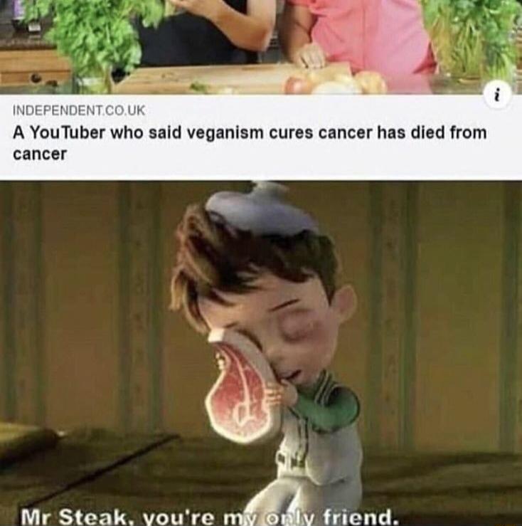 A YouTuber who said veganism cures cancer has died from cancer
Mr Steak, you're my only friend.