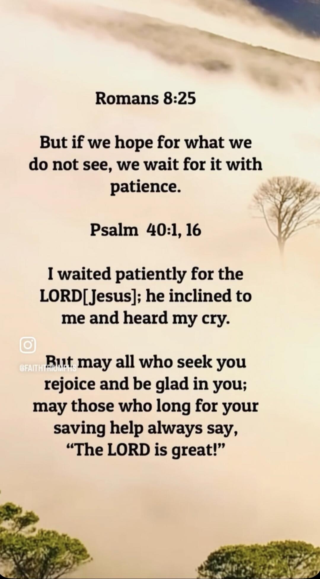 Romans 8:25 But if we hope for what we do not see, we wait for it with patience. Psalm 40:1, 16 I waited patiently for the LORD[Jesus]; he inclined to me and heard my cry. But may all who seek you rejoice and be glad in you; may those who long for your saving help always say, 
