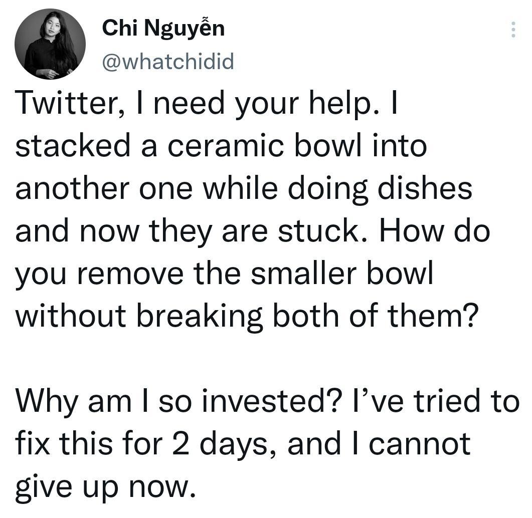 Chi Nguyn gy whatchidid Twitter need your help stacked a ceramic bowl into another one while doing dishes and now they are stuck How do you remove the smaller bowl without breaking both of them Why am so invested Ive tried to fix this for 2 days and cannot give up now