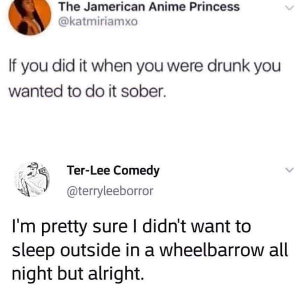 The Jamerican Anime Princess katmiriamxo If you did it when you were drunk you wanted to do it sober f Ter Lee Comedy x terryleeborror Im pretty sure didnt want to sleep outside in a wheelbarrow all night but alright