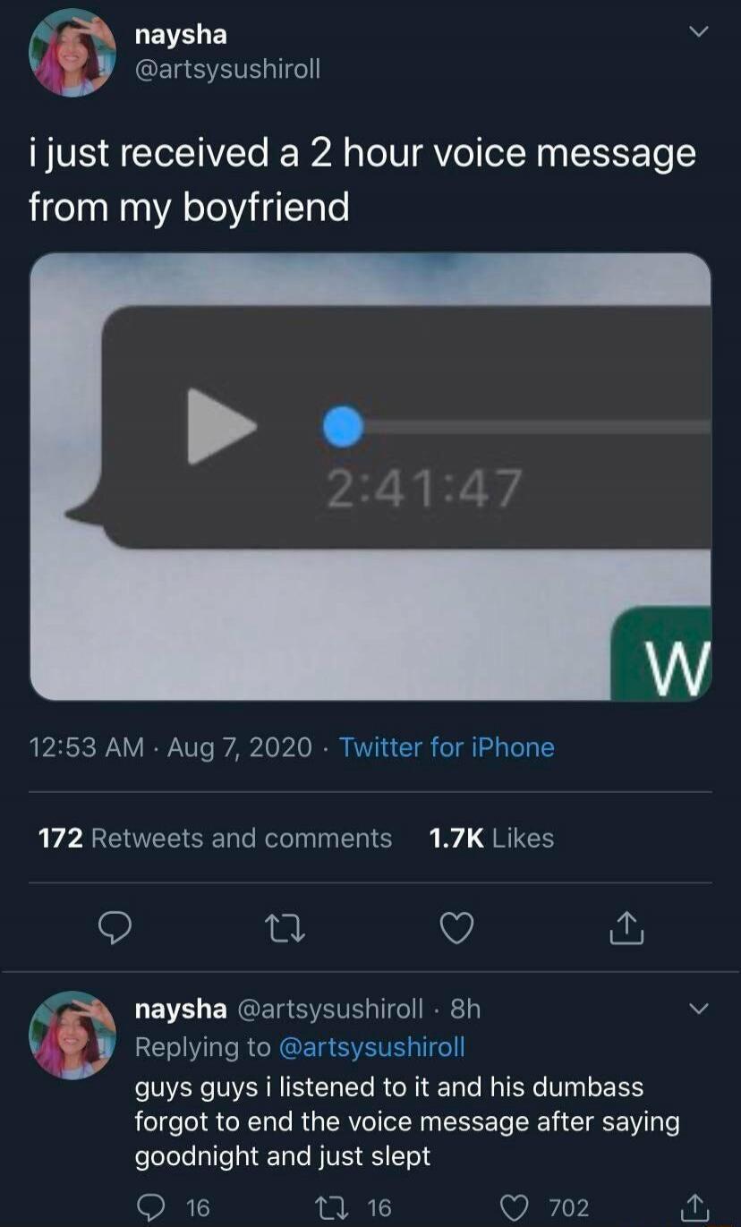 naysha @artsysushiroll i just received a 2 hour voice message from my boyfriend. guys guys i listened to it and his dumbass forgot to end the voice message after saying goodnight and just slept. The voice message duration is 2:41:47.