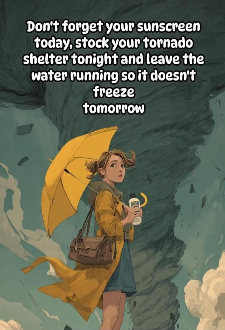 Don't forget your sunscreen today, stock your tornado shelter tonight and leave the water running so it doesn't freeze tomorrow