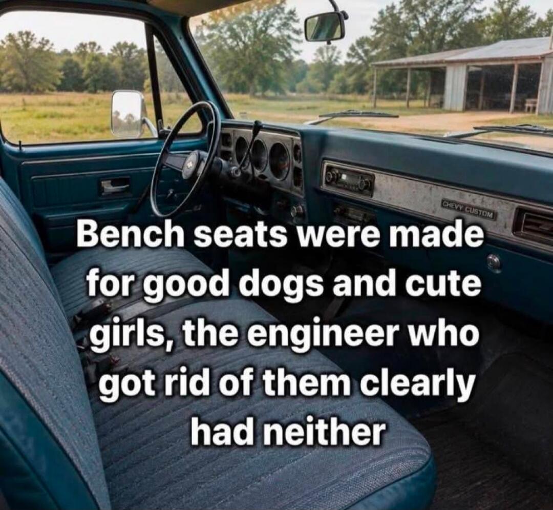 Bench seats were made for good dogs and cute girls, the engineer who got rid of them clearly had neither. CHEVY CUSTOM