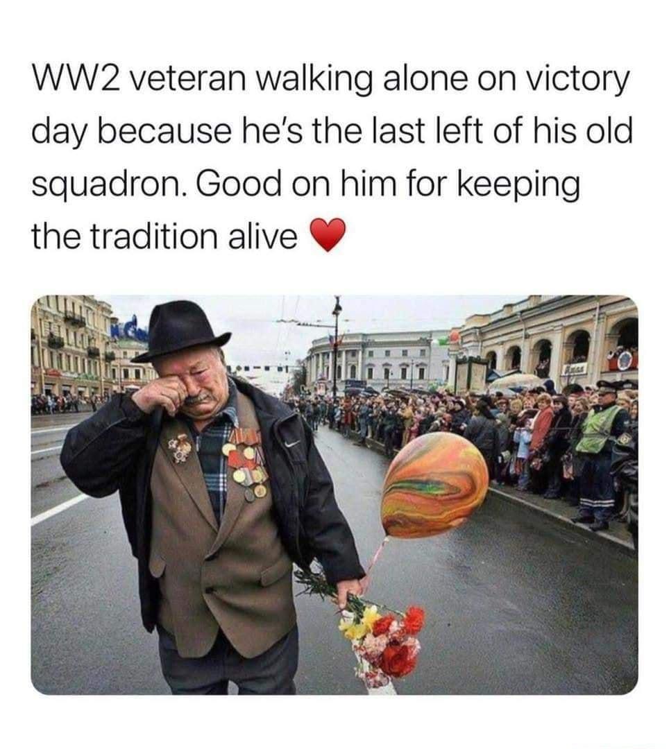 WW2 veteran walking alone on victory day because hes the last left of his old squadron Good on him for keeping the tradition alive