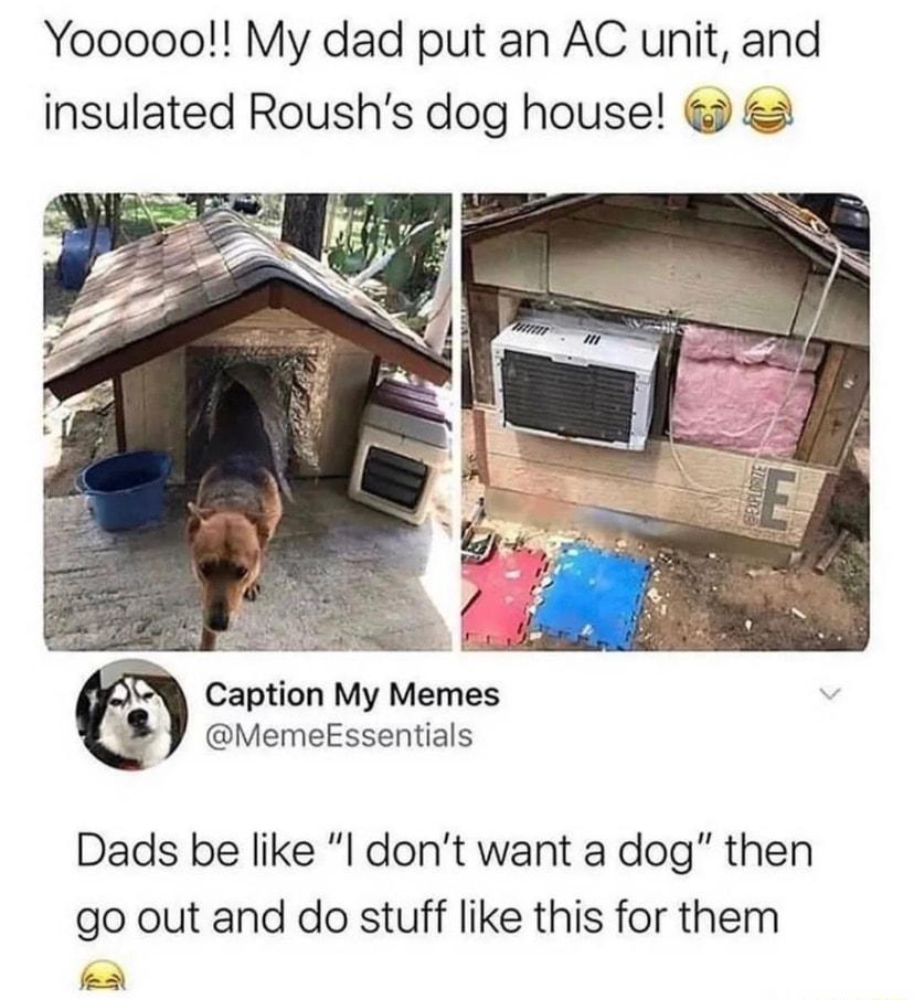 Yooooo My dad put an AC unit and insulated Roushs dog house Caption My Memes MemeEssentials Dads be like l dont want a dog then go out and do stuff like this for them e