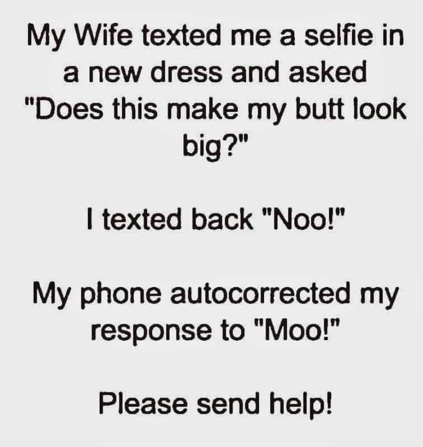 My Wife texted me a selfie in a new dress and asked Does this make my butt look big texted back Noo My phone autocorrected my response to Moo Please send help