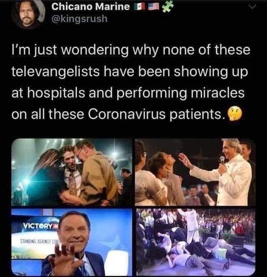 m GILERTIVELTEE I P of B kingsrush Im just wondering why none of these LI EIVET e TR 68 g VW o TYTa RS o Tl WV Ta T N U o at hospitals and performing miracles on all these Coronavirus patients 2 X