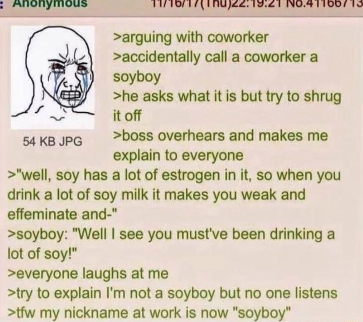 S b Tt it d e M arguing with coworker accidentally call a coworker a soyboy he asks what it is but try to shrug f 8 it off sakBJpG boss overhears and makes me explain to everyone well soy has a lot of estrogen in it so when you drink a lot of soy milk it makes you weak and effeminate and soyboy Well see you mustve been drinking a lot of soy everyone laughs at me try to explain Im not a soyboy but 