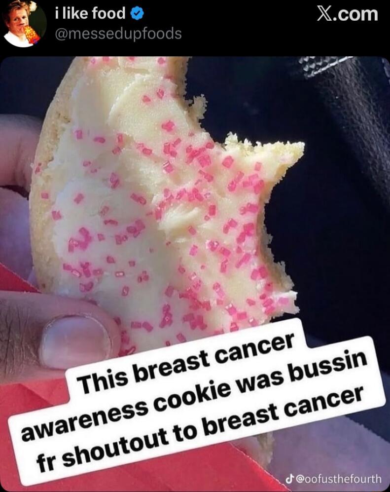 i like food
This breast cancer awareness cookie was bussin fr shoutout to breast cancer