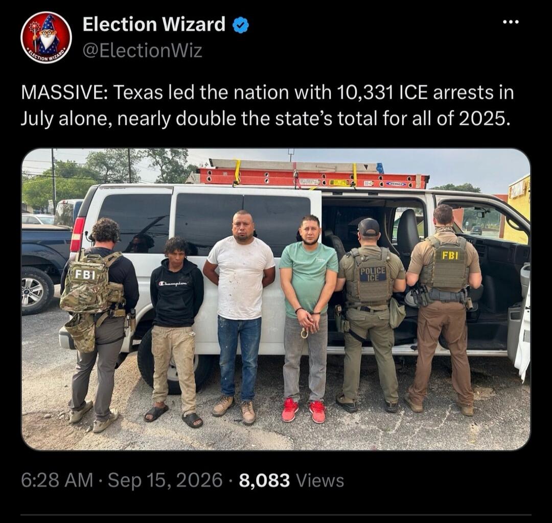 MASSIVE: Texas led the nation with 10,331 ICE arrests in July alone, nearly double the state's total for all of 2025.