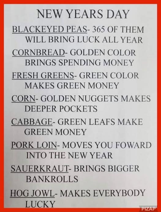 NEW YEARS DAY
BLACKEYED PEAS- 365 OF THEM WILL BRING LUCK ALL YEAR
CORNBREAD- GOLDEN COLOR BRINGS SPENDING MONEY
FRESH GREENS- GREEN COLOR MAKES GREEN MONEY
CORN- GOLDEN NUGGETS MAKES DEEPER POCKETS
CABBAGE- GREEN LEAFS MAKE GREEN MONEY
PORK LOIN- MOVES YOU FOWARD INTO THE NEW YEAR
SAUERKRAUT- BRINGS BIGGER BANKROLLS
HOG JOWL- MAKES EVERYBODY LUCKY