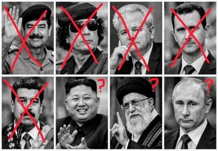 The image displays a collage of eight portraits of world leaders. Four of the portraits are crossed out with red 'X' marks, indicating they are no longer in power or have been eliminated. These leaders are Saddam Hussein, Muammar Gaddafi, Slobodan Milošević, and Bashar al-Assad. The remaining four leaders, Nicolas Maduro, Kim Jong-un, Ali Khamenei,