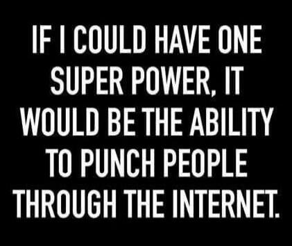 IF I COULD HAVE ONE SUPER POWER, IT WOULD BE THE ABILITY TO PUNCH PEOPLE THROUGH THE INTERNET.
