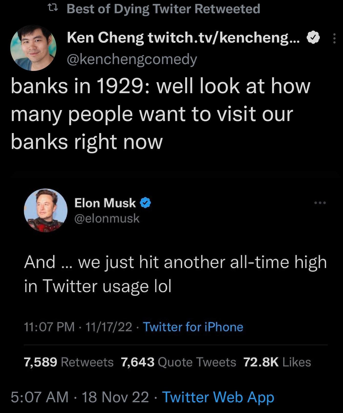 Best of Dying Twiter Retweeted Ken Cheng twitchtvkencheng GLEL IRl banks in 1929 well look at how TR VALTe oI CRNETo o RV ST V banks right now Elon Musk W clonmusk L And we just hit another all time high AR CIAVEET CH 1107 PM 111722 Twitter for iPhone A 1 REEEE 2 2 o lICICR WEEIER X qUIER 507 AM 18 Nov 22 Twitter Web App