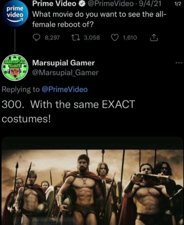 Prime Video PrimeVideo 9421 w2 What movie do you want to see the all female reboot of O 8297 1l30s8 Q60 LUETETIEINCET TS Marsupial Gamer Replying to PrimeVideo AT GRGERETN RS VXA costumes
