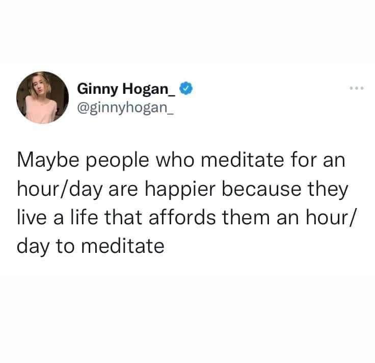 Ginny Hogan_ ginnyhogan_ Maybe people who meditate for an hourday are happier because they live a life that affords them an hour day to meditate