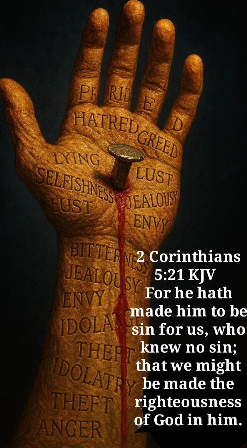PRIDE HATRED GREED LYING SELFISHNESS LUST JEALOUSY ENVY BITTERNESS THEFT IDOLATRY ANGER (nail through palm) 2 Corinthians 5:21 KJV For he hath made him to be sin for us, who knew no sin; that we might be made the righteousness of God in him.