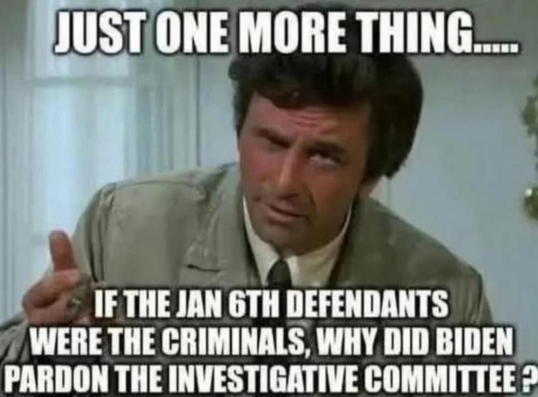 JUST ONE MORE THING..... IF THE JAN 6TH DEFENDANTS WERE THE CRIMINALS, WHY DID BIDEN PARDON THE INVESTIGATIVE COMMITTEE?