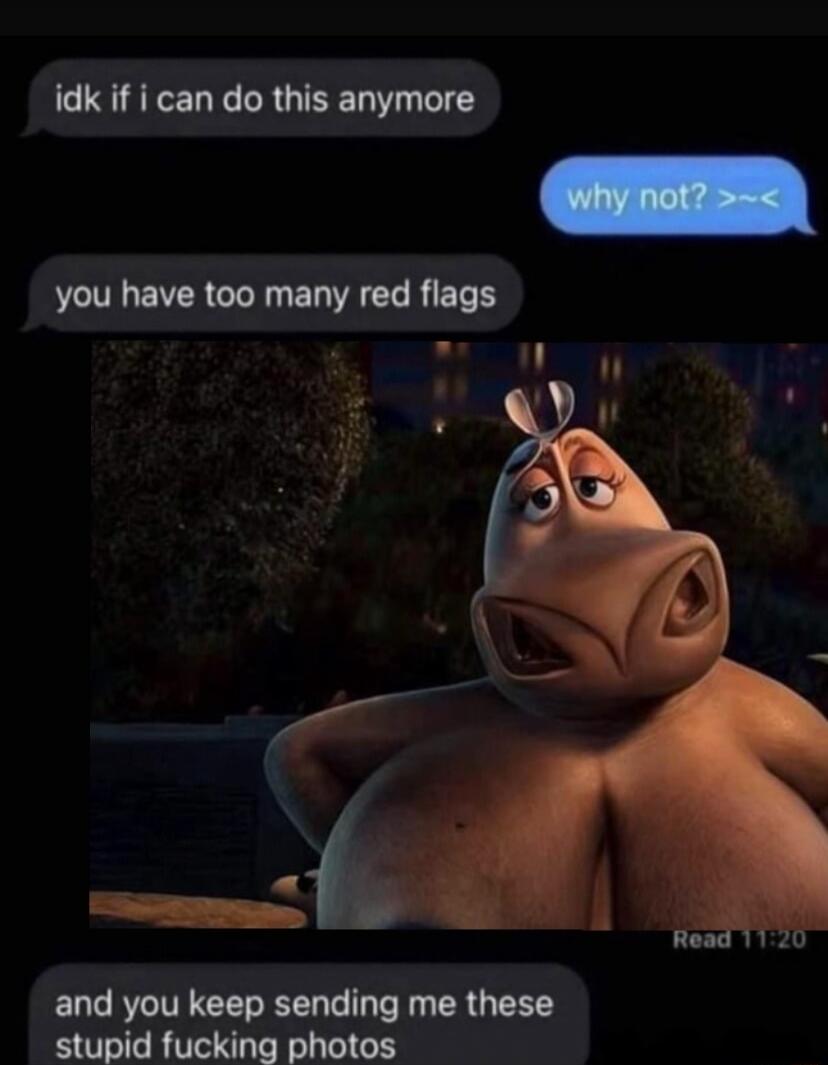 idk if i can do this anymore
why not? >-<
you have too many red flags
and you keep sending me these stupid fucking photos