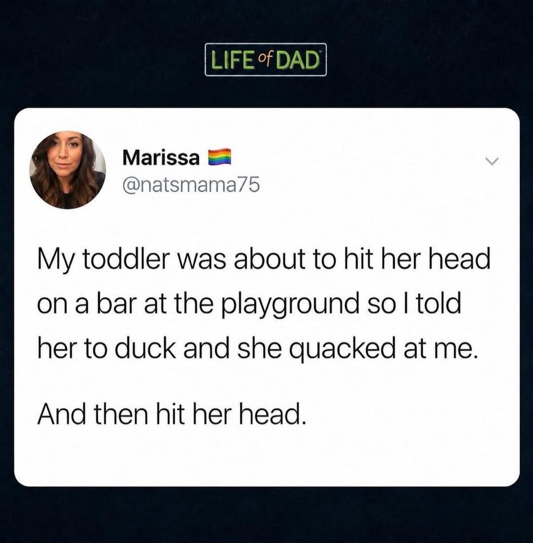 LIFE of DAD
Marissa 
@natsmama75
My toddler was about to hit her head on a bar at the playground so I told her to duck and she quacked at me.
And then hit her head.