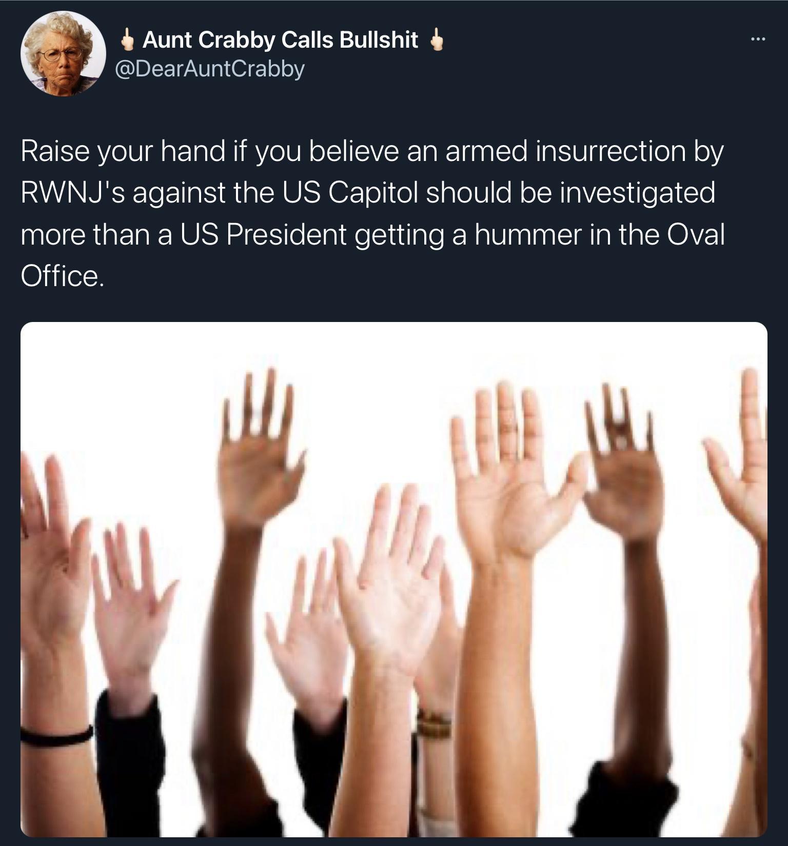 Aunt Crabby Calls Bullshit 4 W DearAuntCrabby Raise your hand if you believe an armed insurrection by UVINNESETElaIS Mg U O o1 o KS ao o N oIRIg TS e T more than a US President getting a hummer in the Oval Office