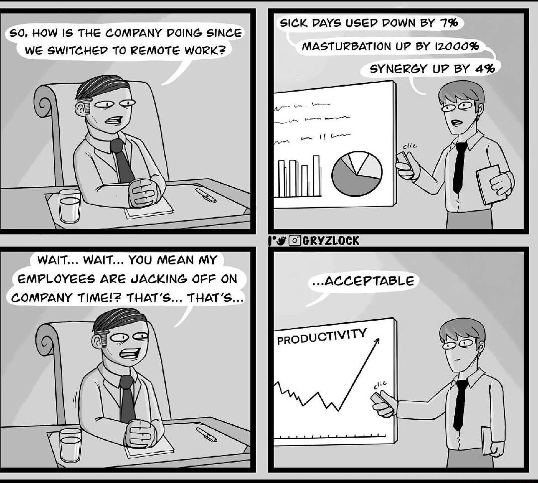 50 HOW 15 THE CONPANY POING SINCE WE SWITCHED T0 REMOTE WORKE WAIT WAIT YOU MEAN MY EMPLOYEES ARE JACKING OFF ON COMPANY TIMEL THATS THATS SICK PAYS USTP DaWN BY 7 MASTURBATION UP BY 12000 SYNERGY UP BY 4