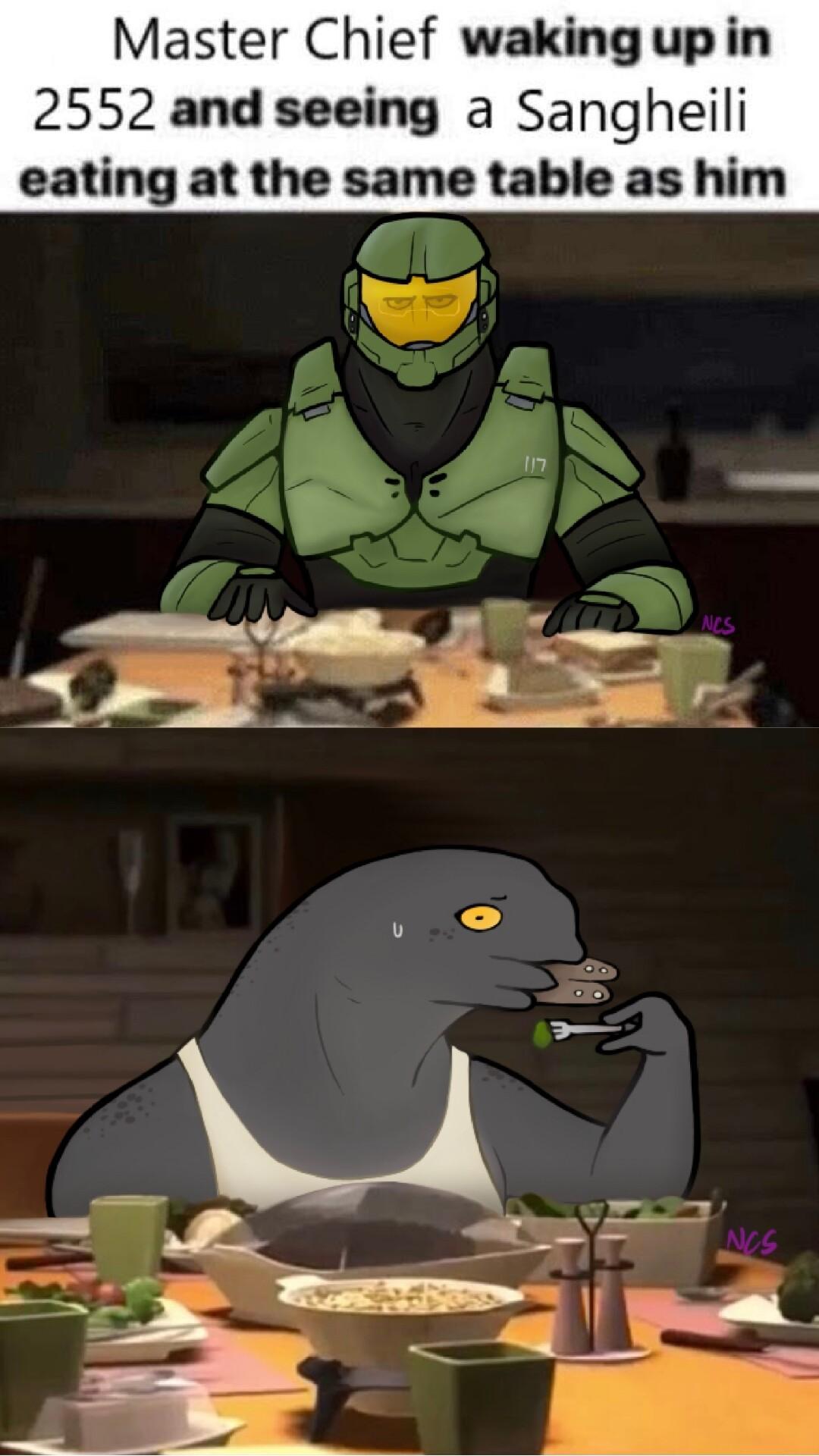 Master Chief wakingup in 2552 and seeing a Sangheili eating at the same table as him