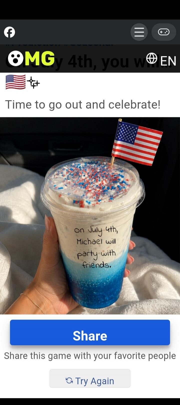 OMG y 4th, you wEN Time to go out and celebrate! on July 4th, Michael will party with friends. Share Share this game with your favorite people Try Again