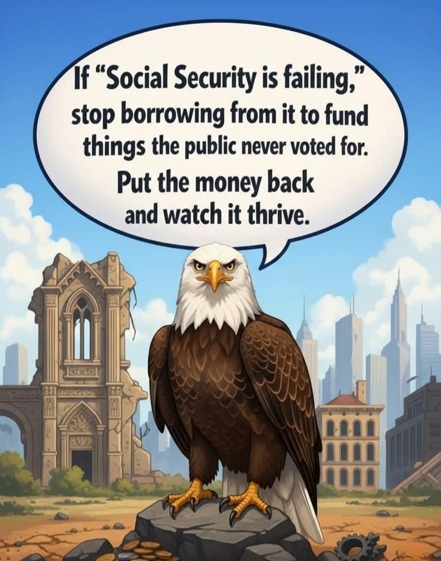 If “Social Security is failing,” stop borrowing from it to fund things the public never voted for. Put the money back and watch it thrive.