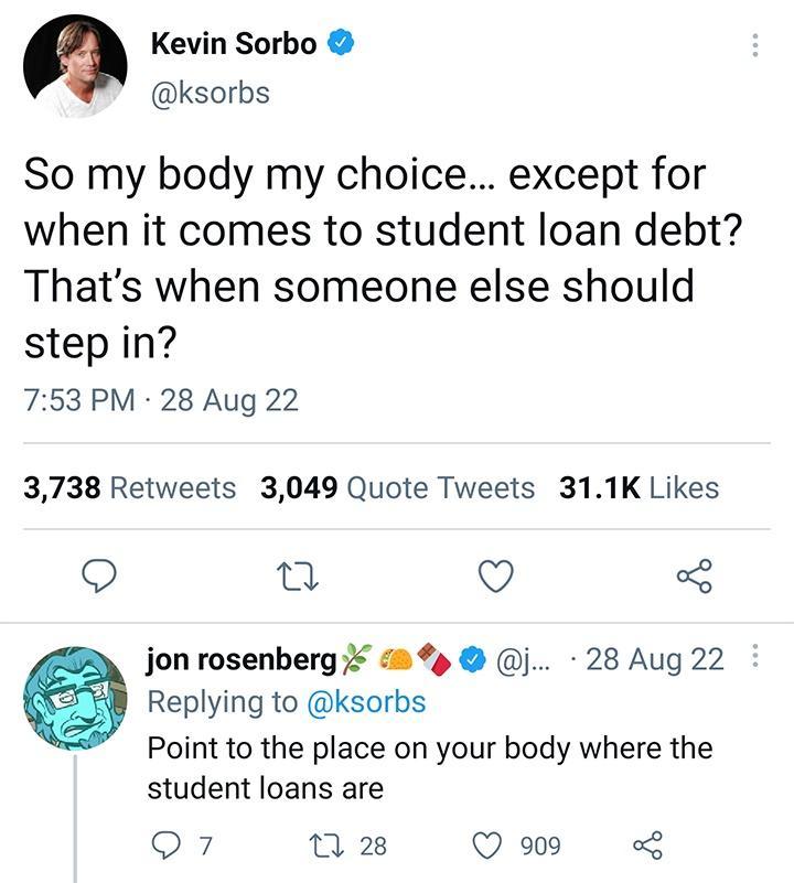 Kevin Sorbo ksorbs So my body my choice except for when it comes to student loan debt Thats when someone else should stepin 753 PM 28 Aug 22 3738 Retweets 3049 Quote Tweets 311K Likes Q o Vj 3 jon rosenberg j 28 Aug 22 Replying to ksorbs Point to the place on your body where the student loans are Q7 n 2 Q 909