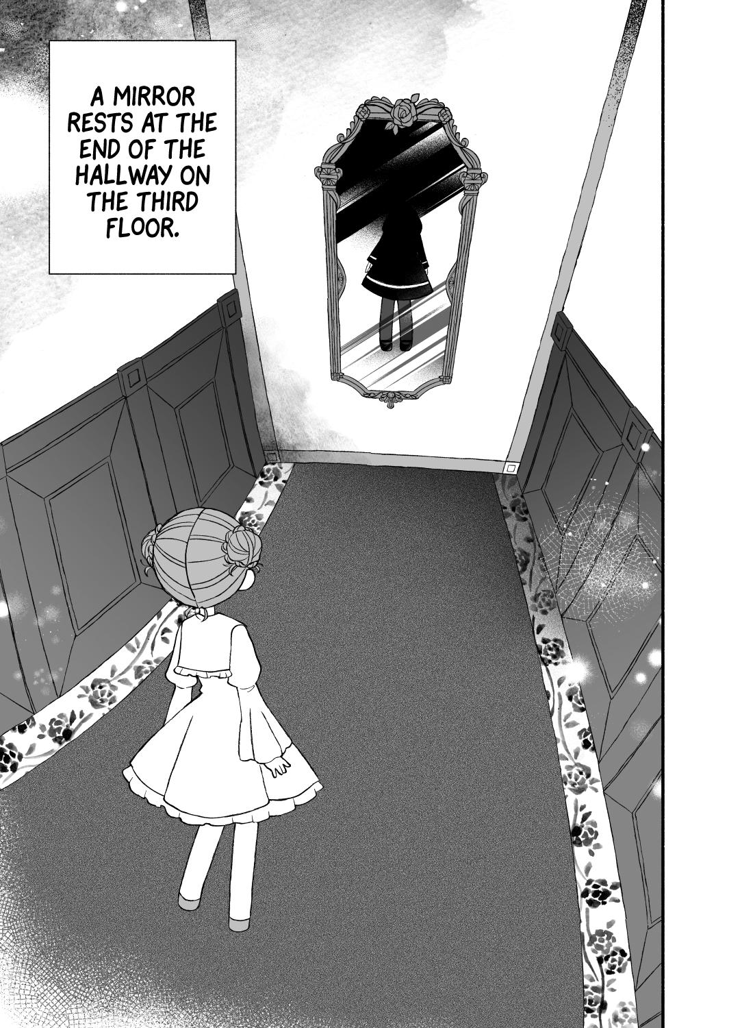 A MIRROR RESTS AT THE END OF THE HALLWAY ON THE THIRD FLOOR