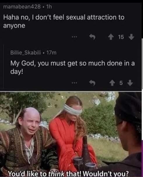 Haha no, I don't feel sexual attraction to anyone. My God, you must get so much done in a day! You'd like to think that! Wouldn't you?