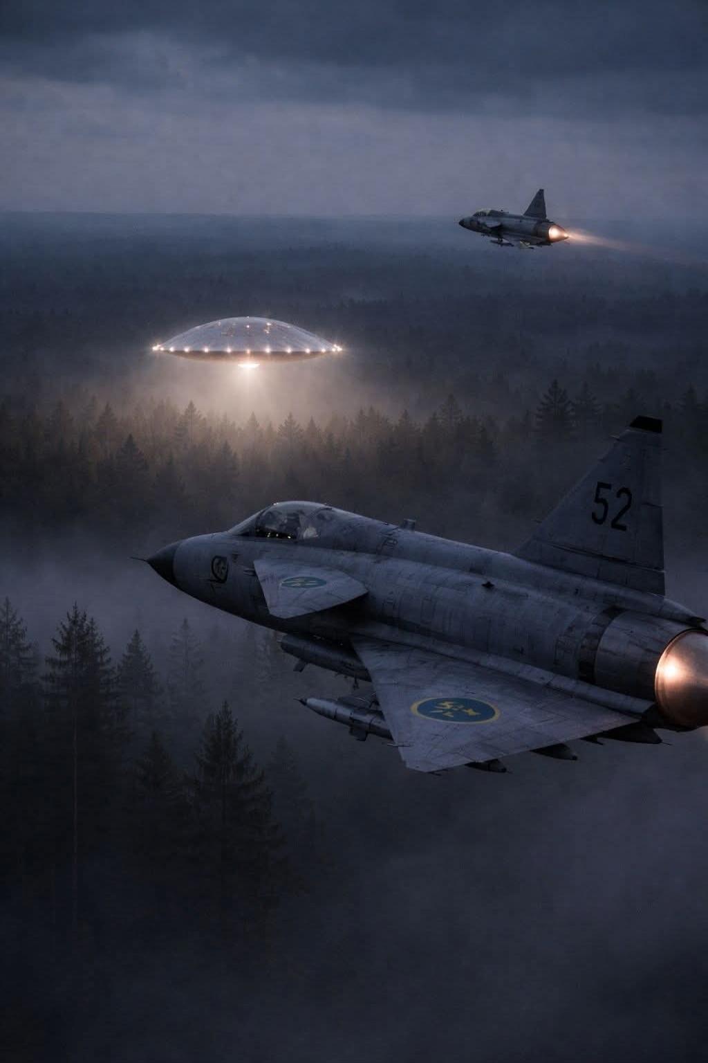 Jets flying over a forest at dusk; a glowing dome-shaped craft hovering above the trees. A fighter jet with tail number 52 is in the foreground, with another jet and a glowing saucer-like craft in the distance.