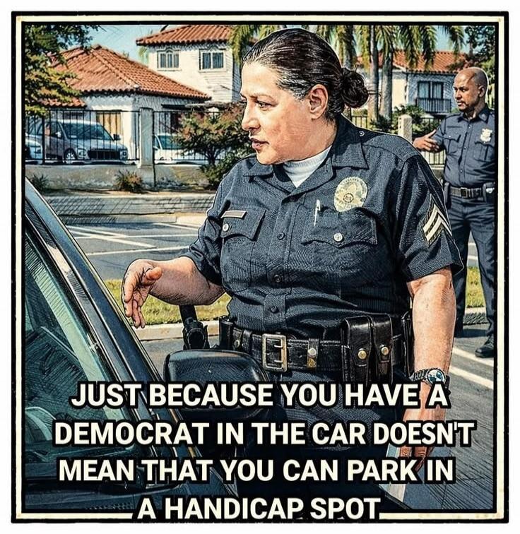 JUST BECAUSE YOU HAVE A DEMOCRAT IN THE CAR DOESN'T MEAN THAT YOU CAN PARK IN A HANDICAP SPOT.