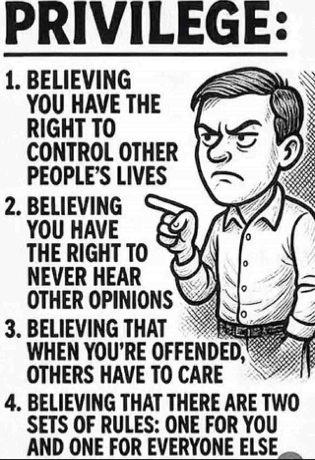 PRIVILEGE:

1. BELIEVING YOU HAVE THE RIGHT TO CONTROL OTHER PEOPLE'S LIVES
2. BELIEVING YOU HAVE THE RIGHT TO NEVER HEAR OTHER OPINIONS
3. BELIEVING THAT WHEN YOU'RE OFFENDED, OTHERS HAVE TO CARE
4. BELIEVING THAT THERE ARE TWO SETS OF RULES: ONE FOR YOU AND ONE FOR EVERYONE ELSE