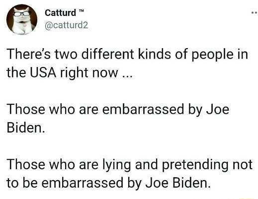 Catturd _ catturd2 Theres two different kinds of people in the USA right now Those who are embarrassed by Joe Biden Those who are lying and pretending not to be embarrassed by Joe Biden