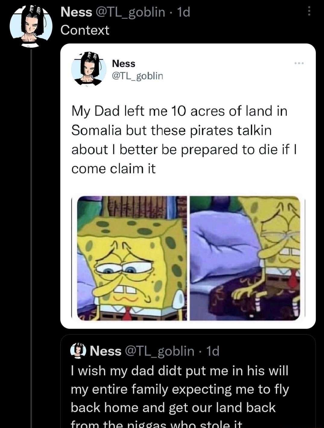 Ly Ness TL Context Ness TL_gobiir My Dad left me 10 acres of land in Somalia but these pirates talkin about better be prepared to die if come claim it Ness T1 wish my dad didt put me in his will my entire family expecting me to fly back home and get our land back Wi B ol o b con o S