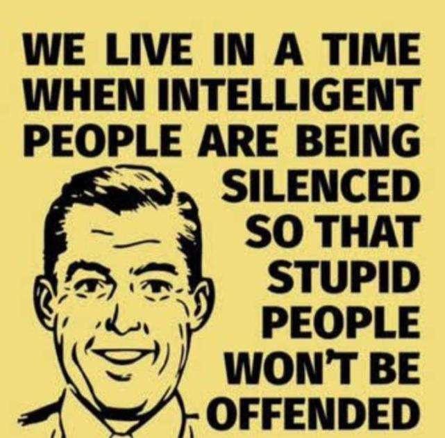 WE LIVE IN A TIME WHEN INTELLIGENT PEOPLE ARE BEING SILENCED SO THAT STUPID PEOPLE WONT BE OFFENDED