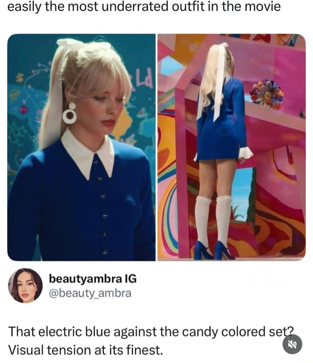 easily the most underrated outfit in the movie That electric blue against the candy colored set? Visual tension at its finest. beautyambra IG @beauty_ambra
