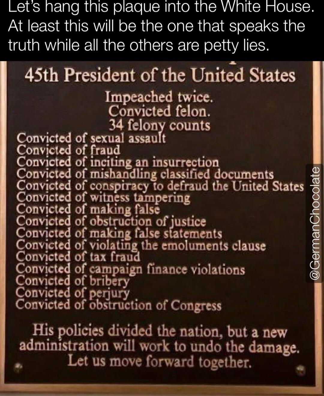 Let's hang this plaque into the White House. At least this will be the one that speaks the truth while all the others are petty lies.

45th President of the United States
Impeached twice.
Convicted felon.
34 felony counts
Convicted of sexual assault
Convicted of fraud
Convicted of inciting an insurrection
Convicted of misusing classified documents
