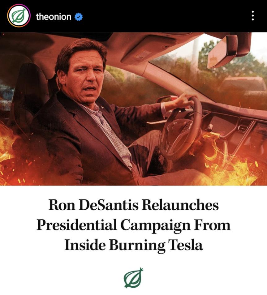 Ron DeSantis Relaunches Presidential Campaign From Inside Burning Tesla