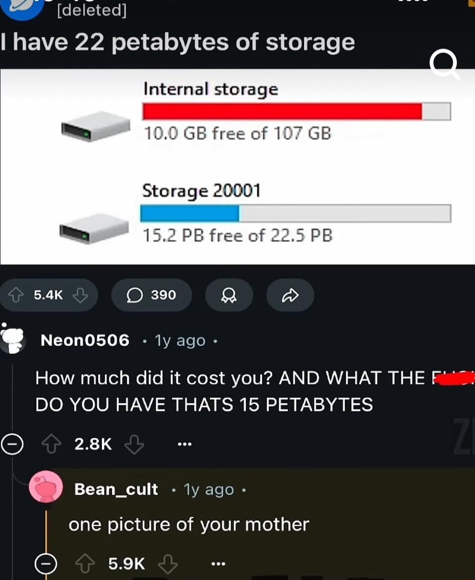 deleted LEVEY PR ET U RN E GIE Internal storage Storage 20001 L b 152 PB fre 54K Do Q Neon0506 Ty ago How much did it cost you AND WHAT THE F42 DO YOU HAVE THATS 15 PETABYTES e 28K seancurt om0 one picture of your mother 59K