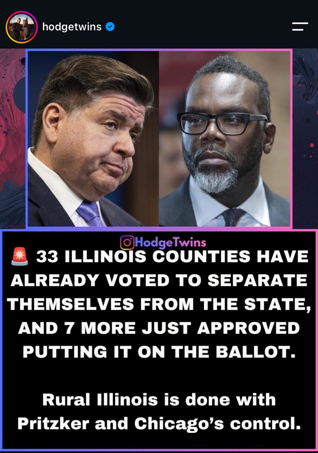 33 Illinois counties have already voted to separate themselves from the state, and 7 more just approved putting it on the ballot. Rural Illinois is done with Pritzker and Chicago's control.