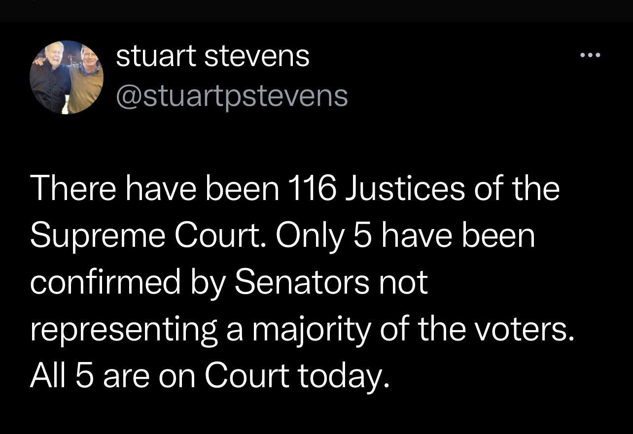 FOEREEVENS HUERGHEVELH There have been 116 Justices of the Supreme Court Only 5 have been confirmed by Senators not representing a majority of the voters All 5 are on Court today