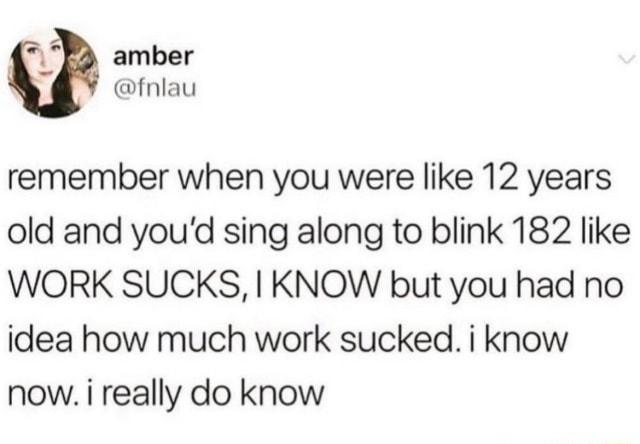 L amber fnlau remember when you were like 12 years old and youd sing along to blink 182 like WORK SUCKS KNOW but you had no idea how much work sucked i know now i really do know